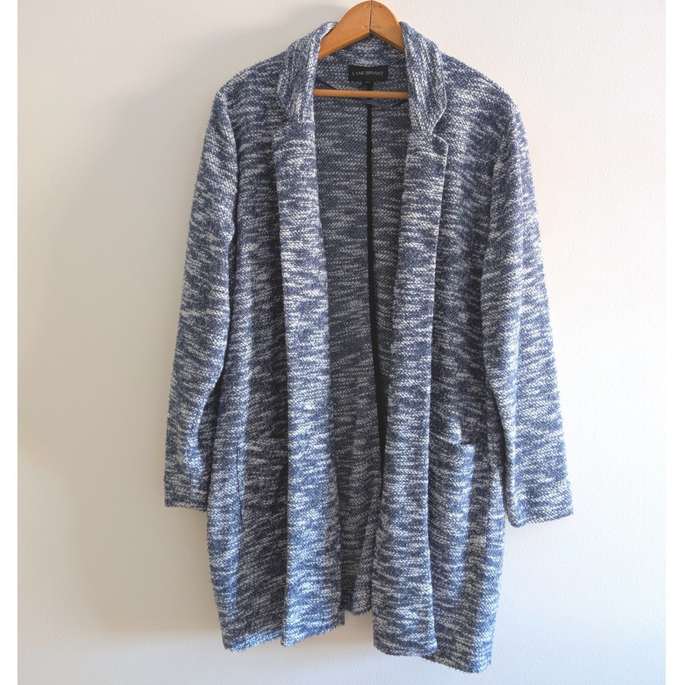 Lane Bryant Blue White Textured Knit Open Front Cardigan Jacket 14/16 1101179